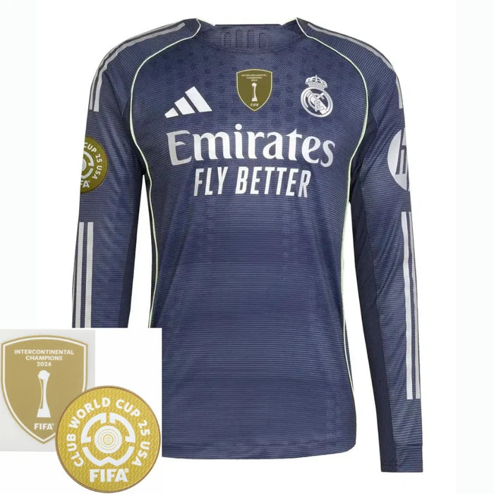 Real Madrid Away Long Sleeve Fan Jersey 2025/26 - Patch 2025 Club World Cup + FIFA Intercontinental Champions